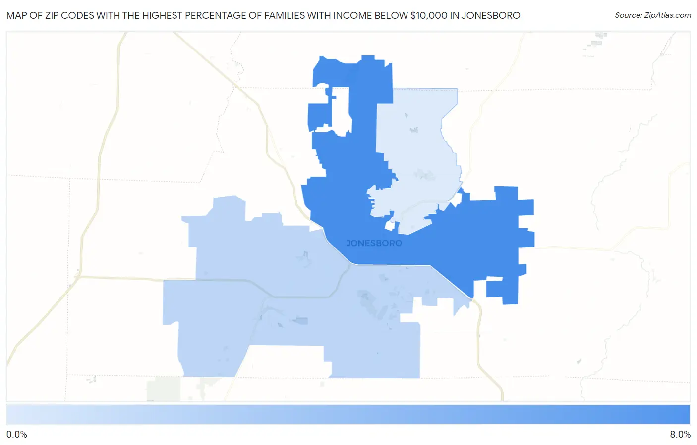 Zip Codes with the Highest Percentage of Families with Income Below $10,000 in Jonesboro Map