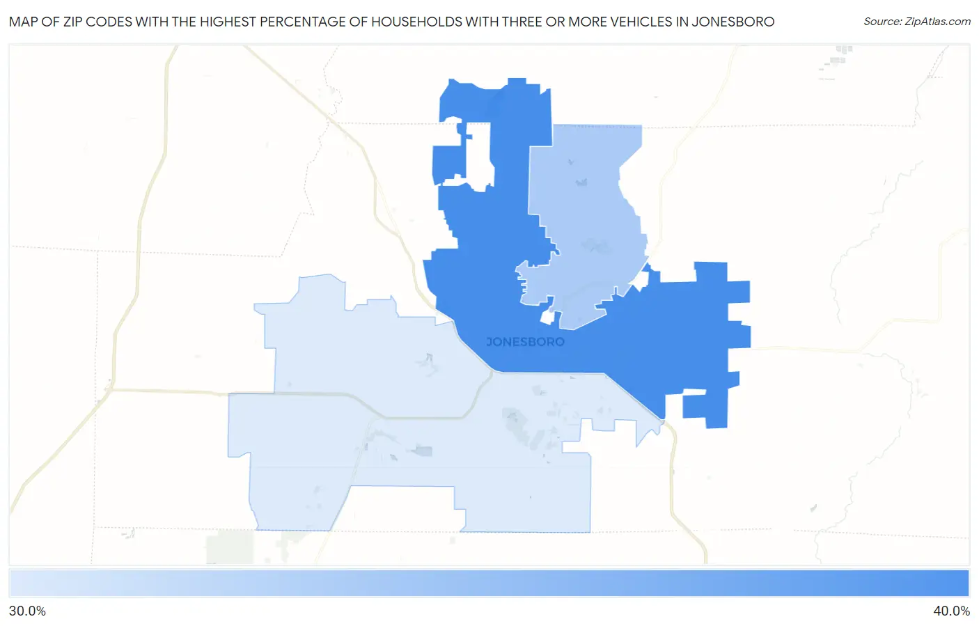 Zip Codes with the Highest Percentage of Households With Three or more Vehicles in Jonesboro Map