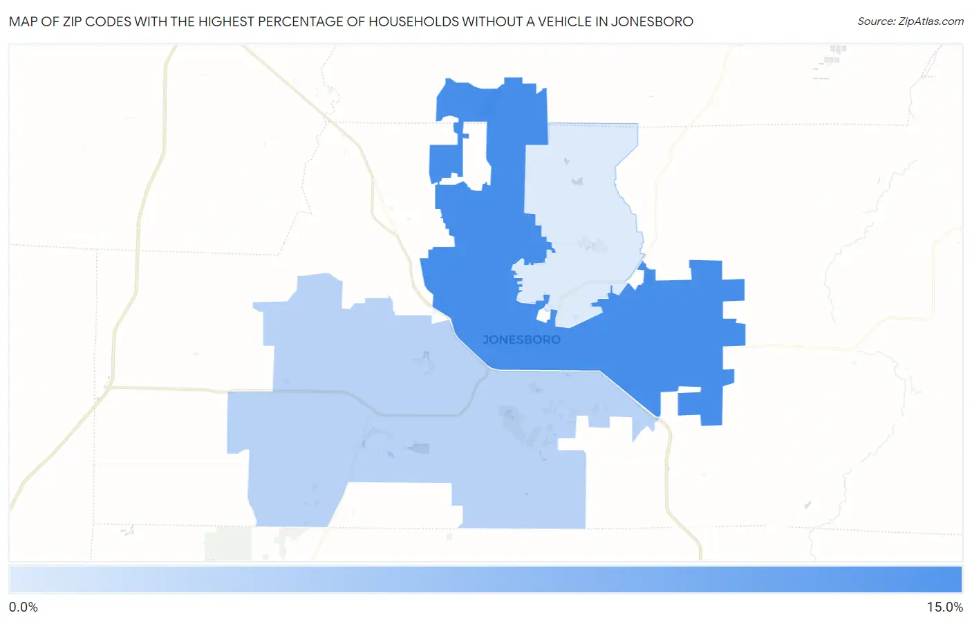 Zip Codes with the Highest Percentage of Households Without a Vehicle in Jonesboro Map