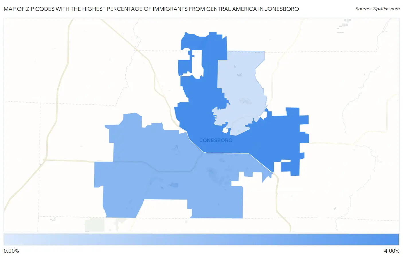 Zip Codes with the Highest Percentage of Immigrants from Central America in Jonesboro Map