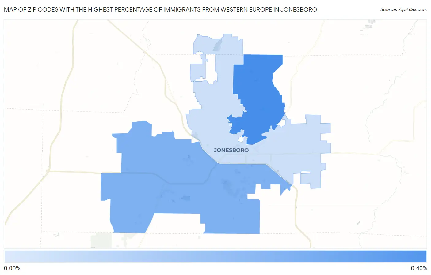 Zip Codes with the Highest Percentage of Immigrants from Western Europe in Jonesboro Map