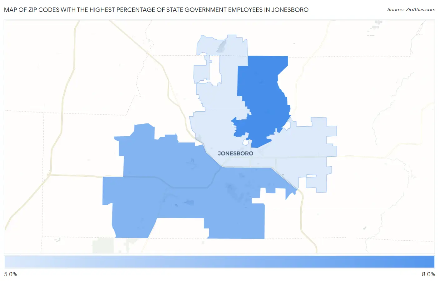 Zip Codes with the Highest Percentage of State Government Employees in Jonesboro Map