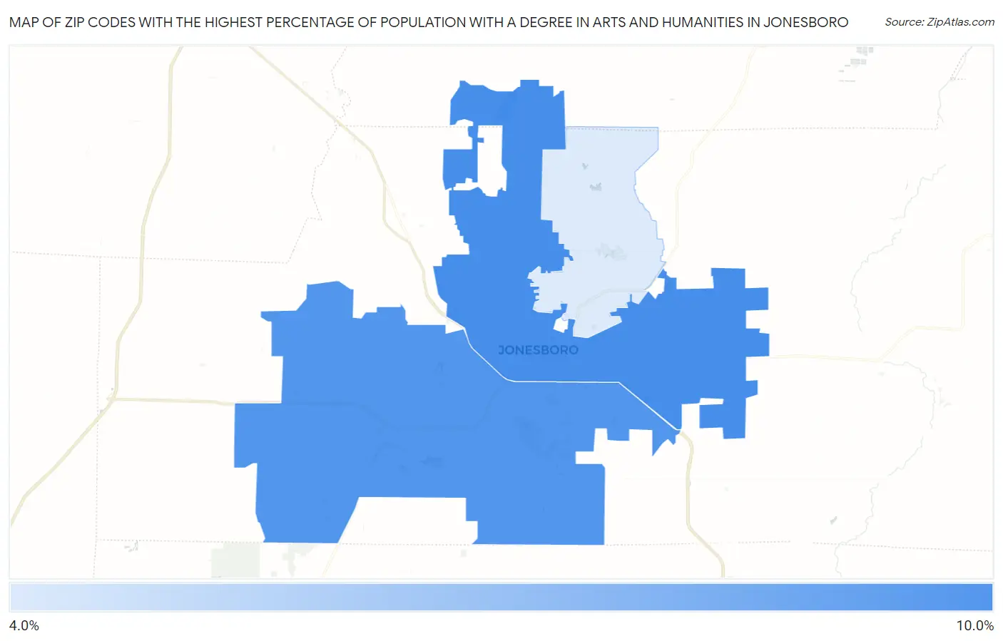 Zip Codes with the Highest Percentage of Population with a Degree in Arts and Humanities in Jonesboro Map