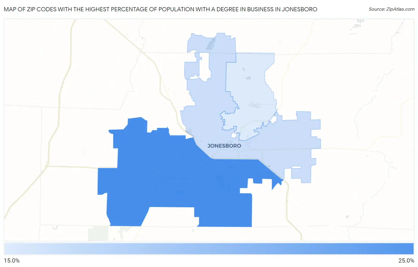 Zip Codes with the Highest Percentage of Population with a Degree in Business in Jonesboro Map