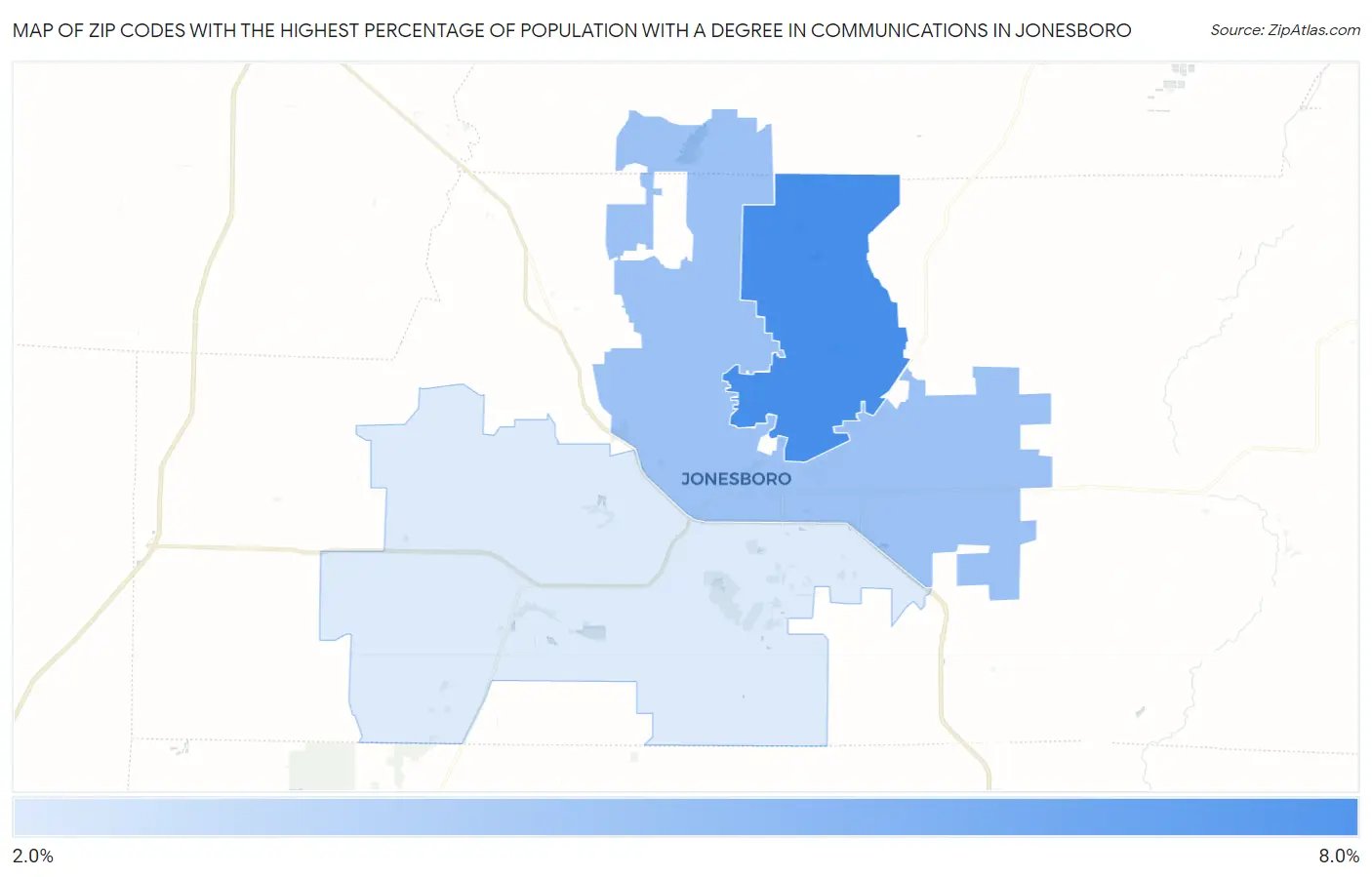 Zip Codes with the Highest Percentage of Population with a Degree in Communications in Jonesboro Map