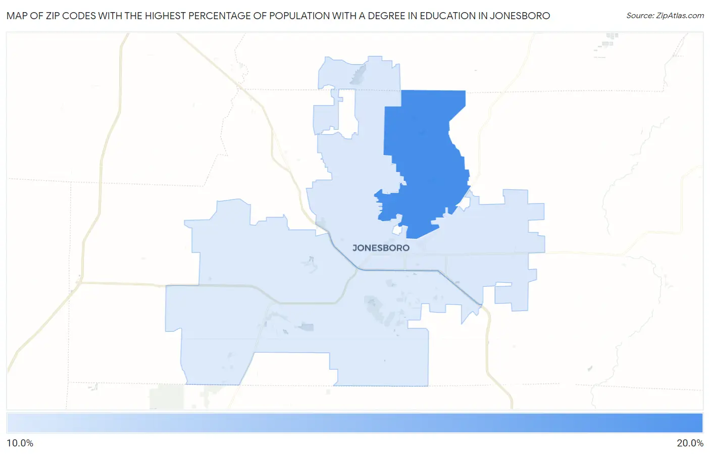 Zip Codes with the Highest Percentage of Population with a Degree in Education in Jonesboro Map