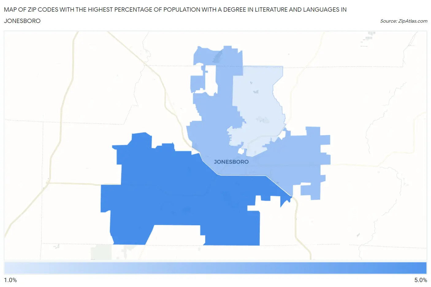 Zip Codes with the Highest Percentage of Population with a Degree in Literature and Languages in Jonesboro Map
