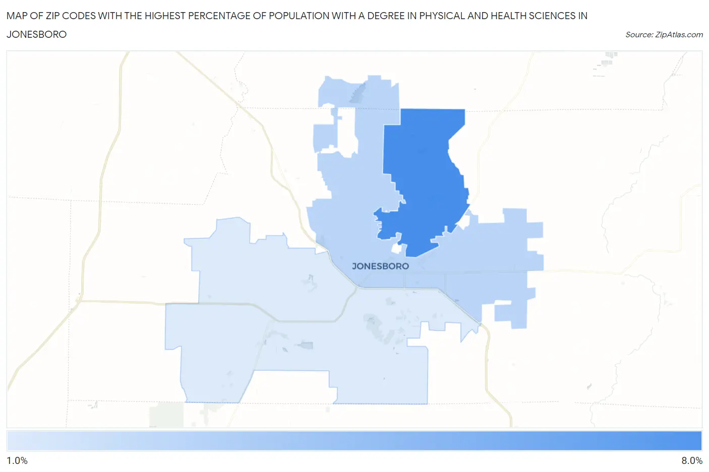 Zip Codes with the Highest Percentage of Population with a Degree in Physical and Health Sciences in Jonesboro Map