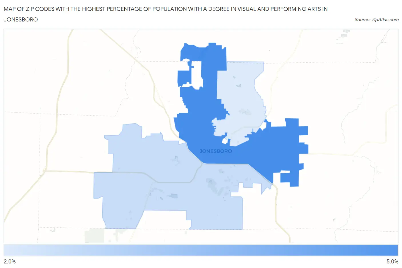 Zip Codes with the Highest Percentage of Population with a Degree in Visual and Performing Arts in Jonesboro Map