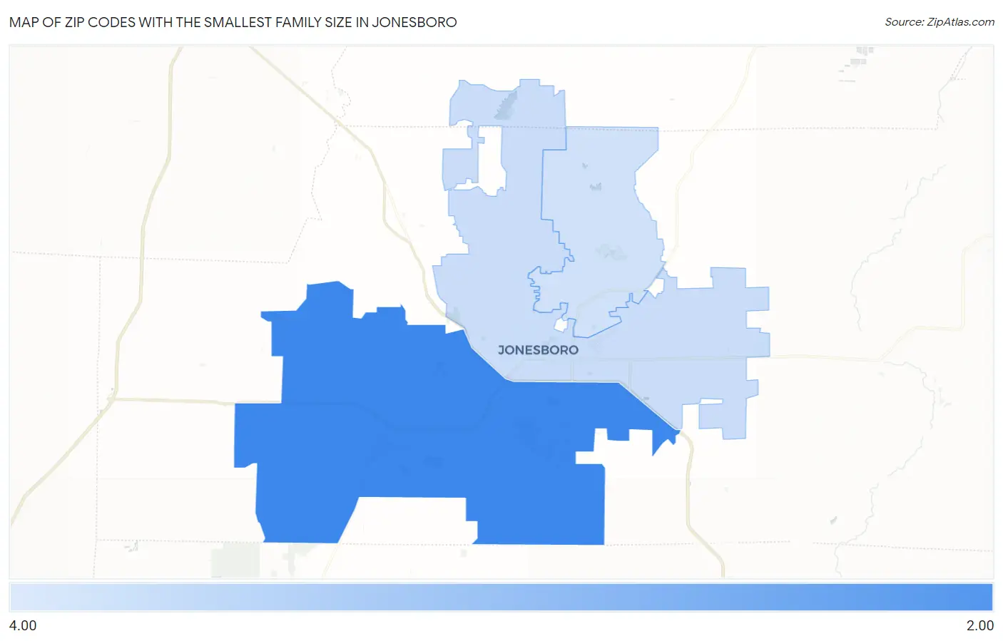 Zip Codes with the Smallest Family Size in Jonesboro Map