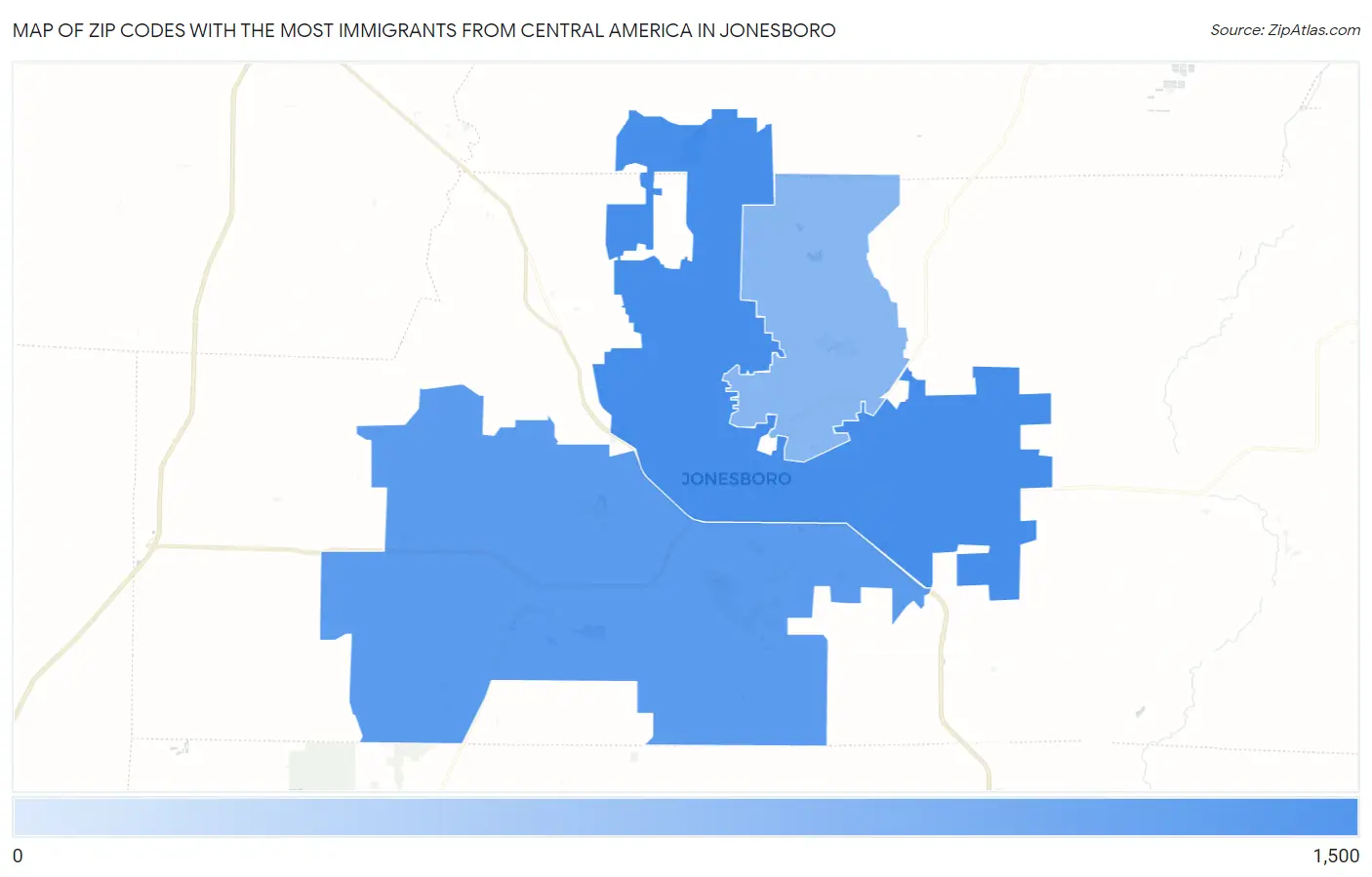 Zip Codes with the Most Immigrants from Central America in Jonesboro Map