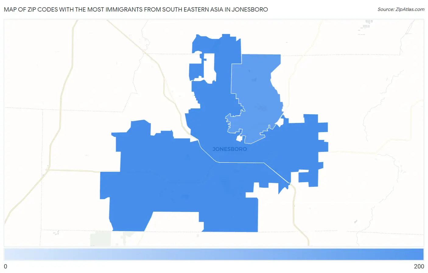 Zip Codes with the Most Immigrants from South Eastern Asia in Jonesboro Map