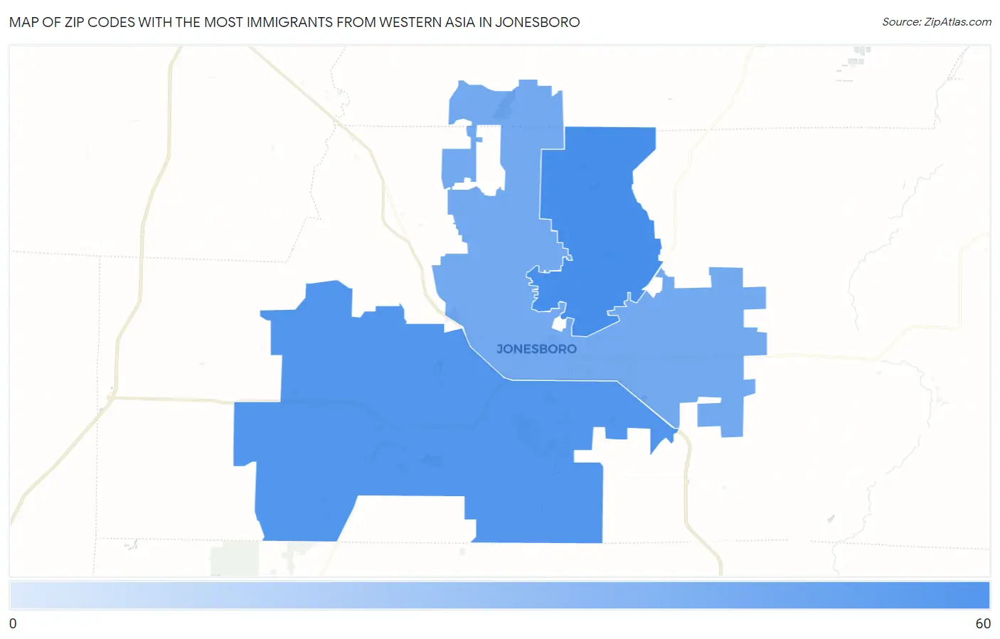 Zip Codes with the Most Immigrants from Western Asia in Jonesboro Map