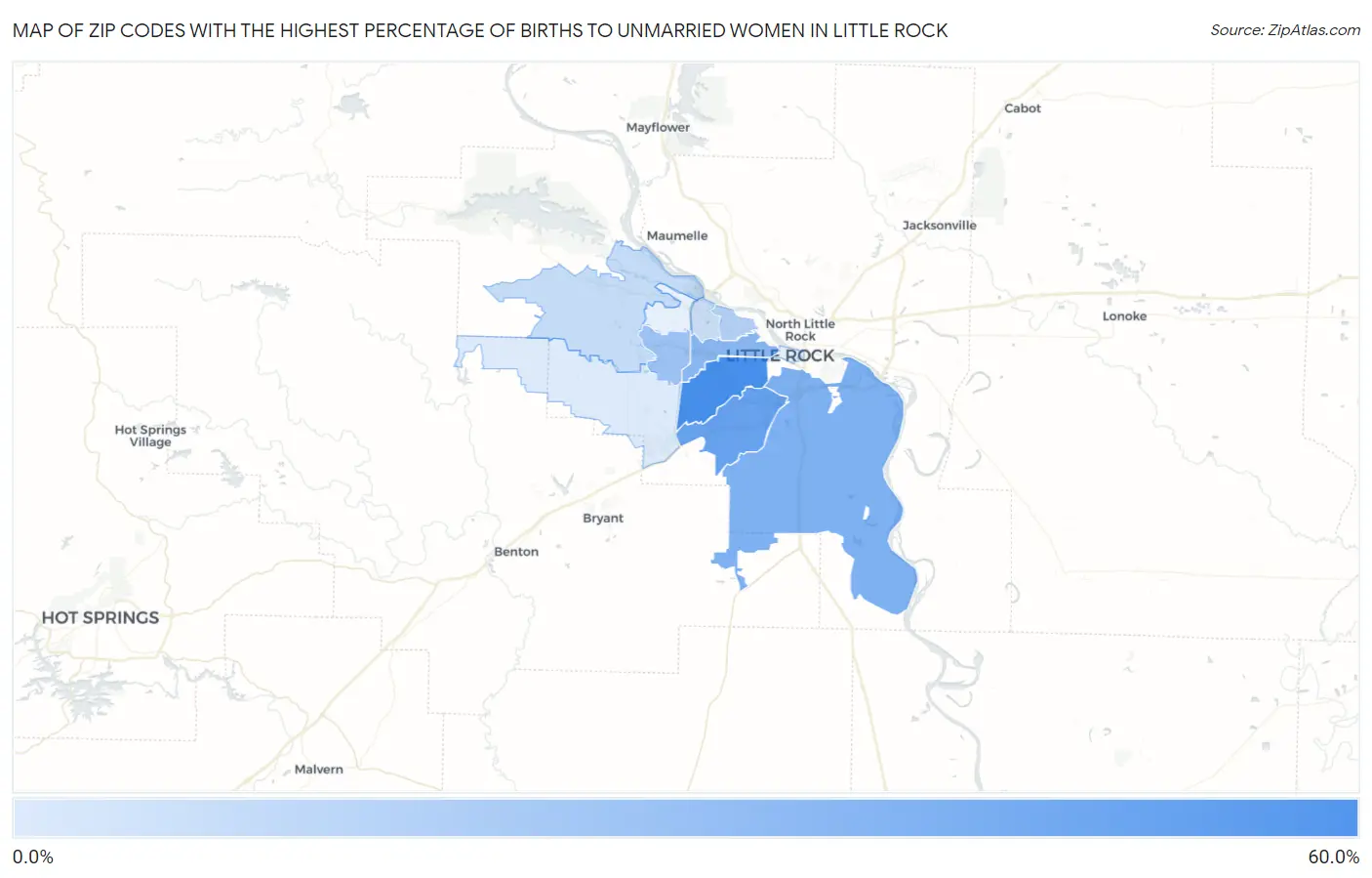 Zip Codes with the Highest Percentage of Births to Unmarried Women in Little Rock Map