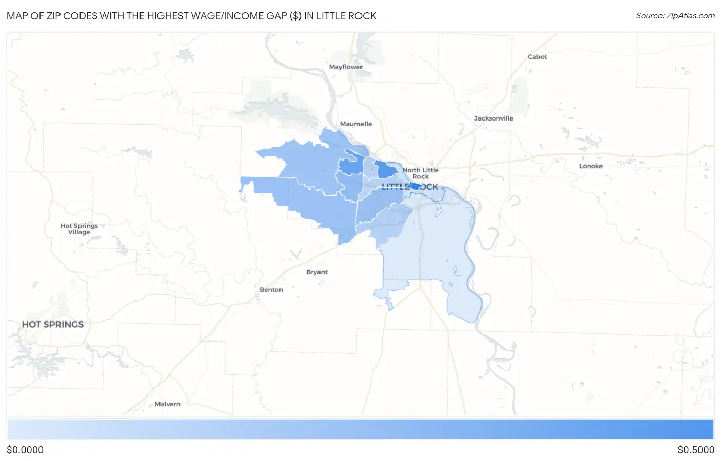 Zip Codes with the Highest Wage/Income Gap ($) in Little Rock Map