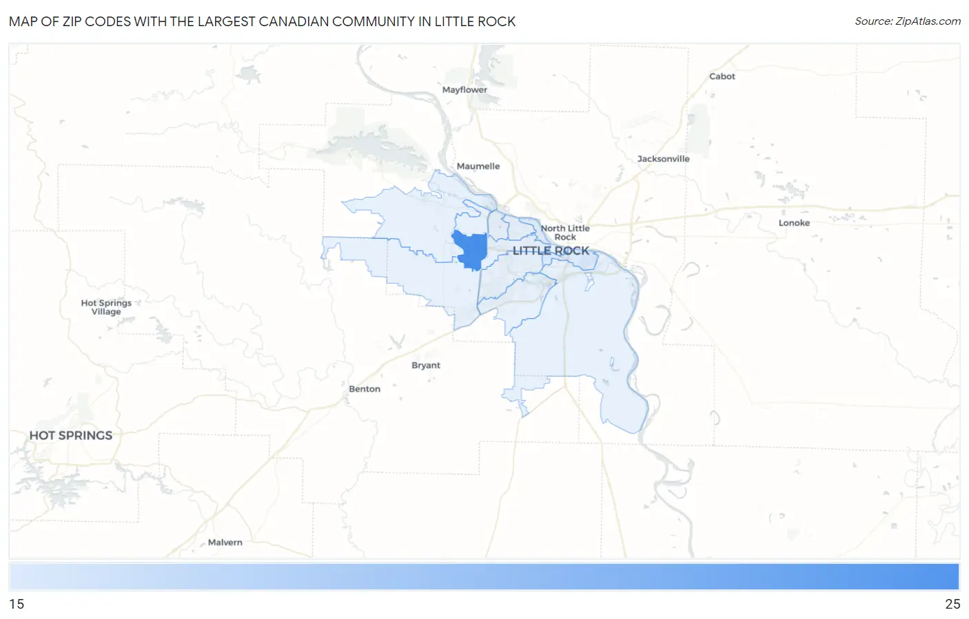 Zip Codes with the Largest Canadian Community in Little Rock Map