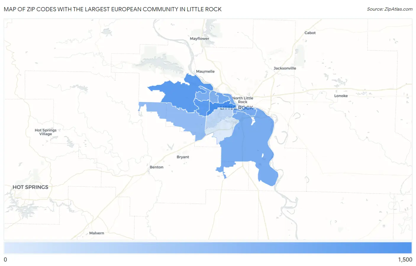 Zip Codes with the Largest European Community in Little Rock Map