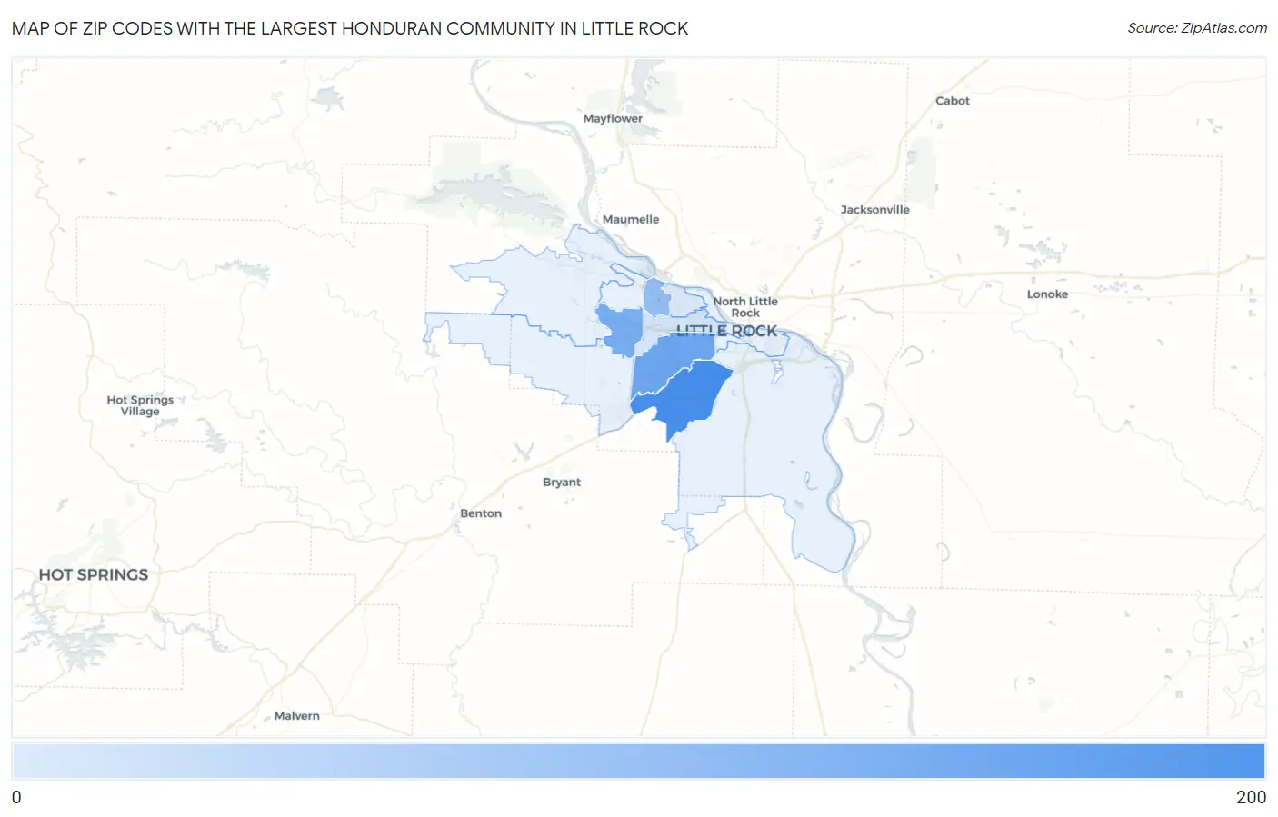 Zip Codes with the Largest Honduran Community in Little Rock Map