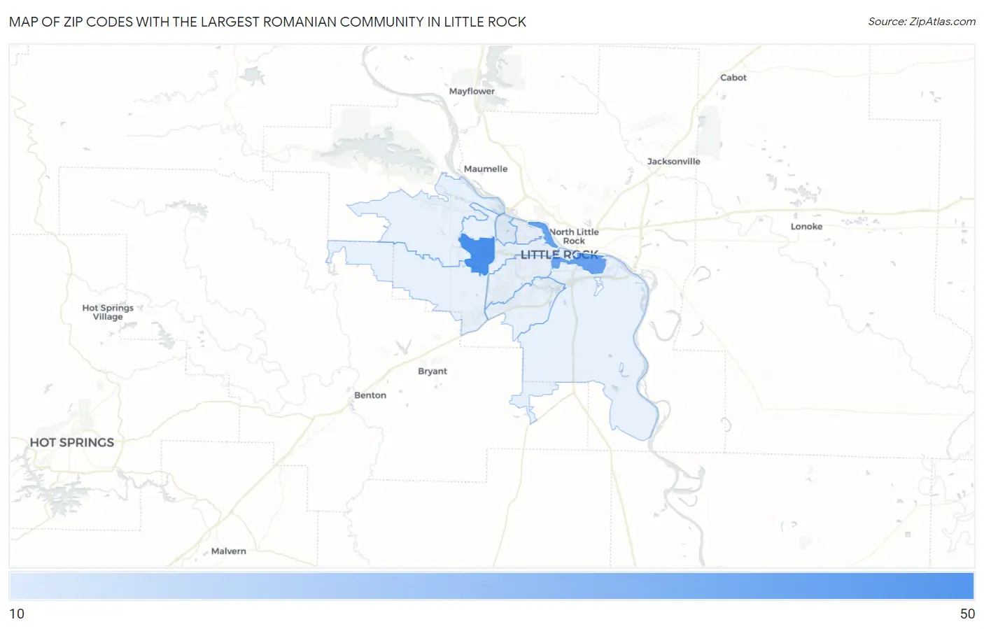 Zip Codes with the Largest Romanian Community in Little Rock Map