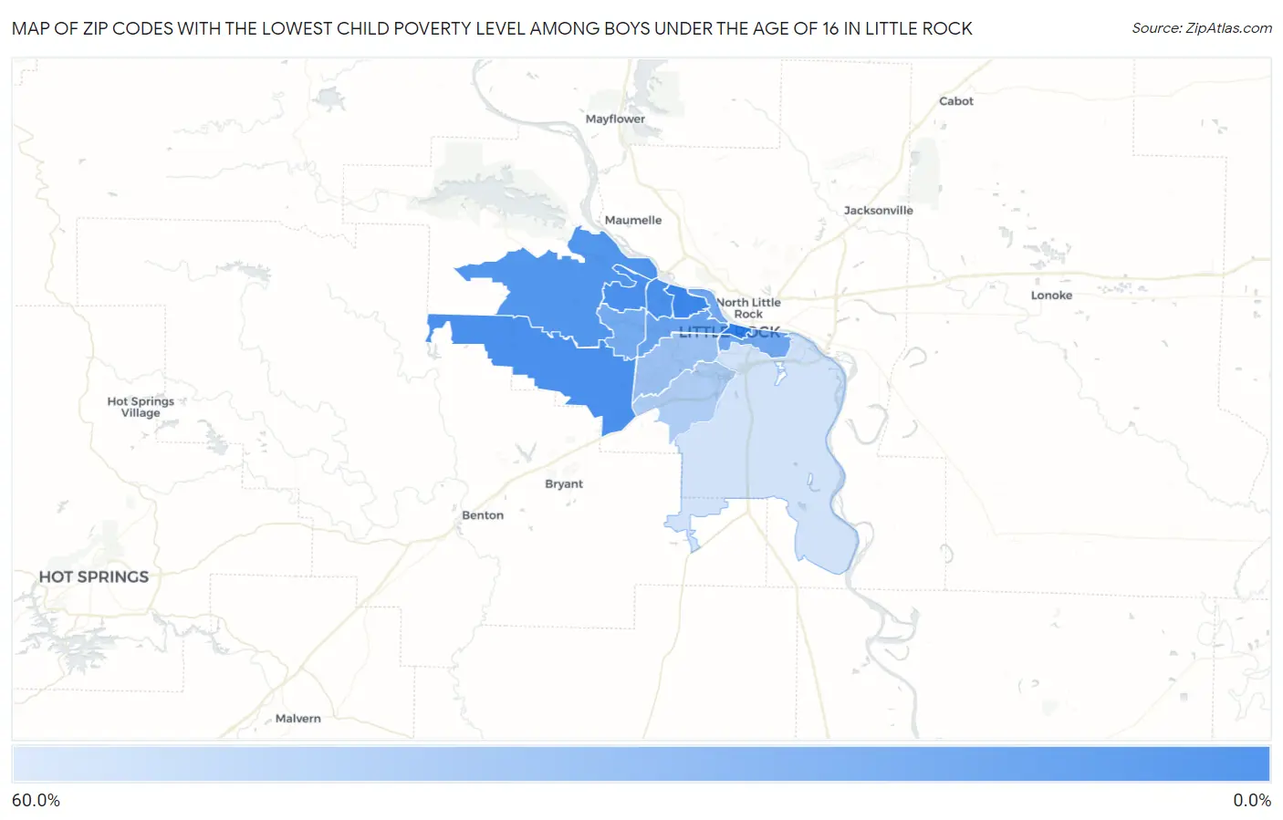Zip Codes with the Lowest Child Poverty Level Among Boys Under the Age of 16 in Little Rock Map