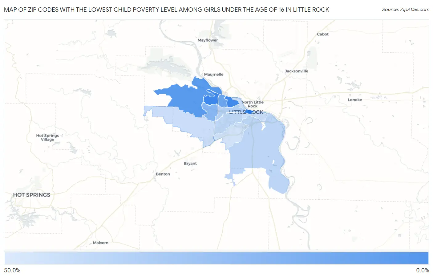 Zip Codes with the Lowest Child Poverty Level Among Girls Under the Age of 16 in Little Rock Map