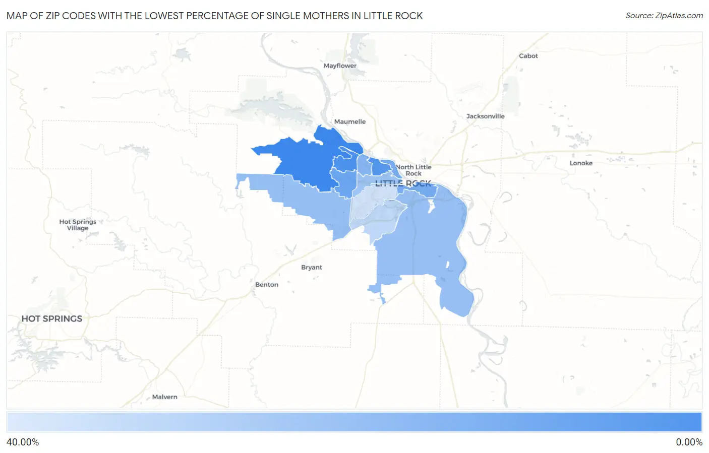 Zip Codes with the Lowest Percentage of Single Mothers in Little Rock Map