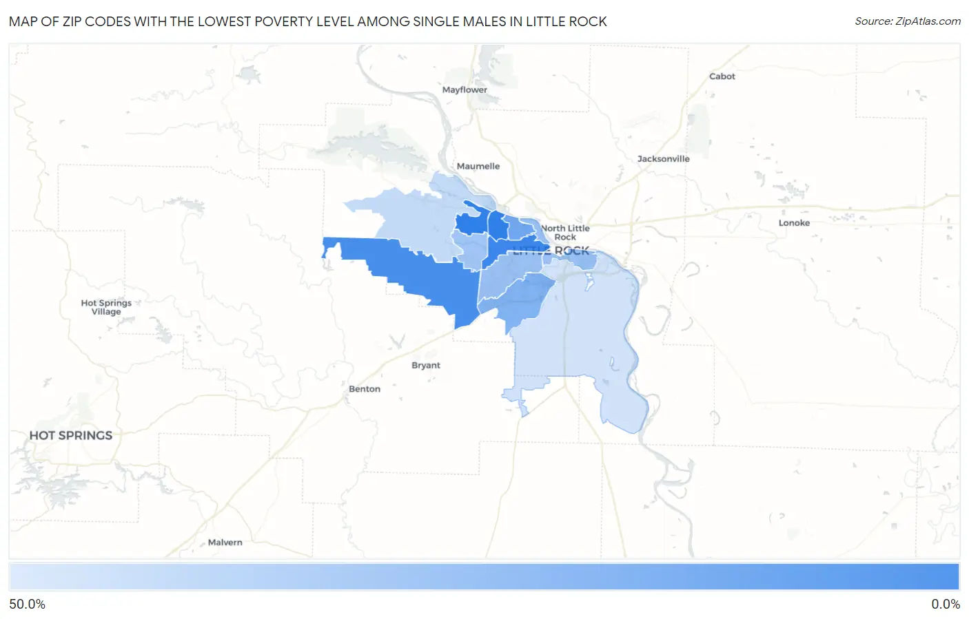 Zip Codes with the Lowest Poverty Level Among Single Males in Little Rock Map