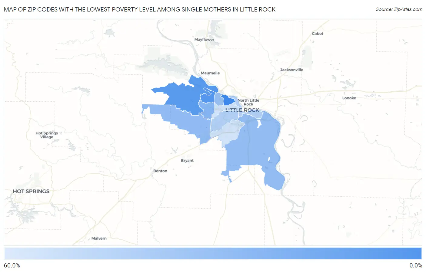 Zip Codes with the Lowest Poverty Level Among Single Mothers in Little Rock Map