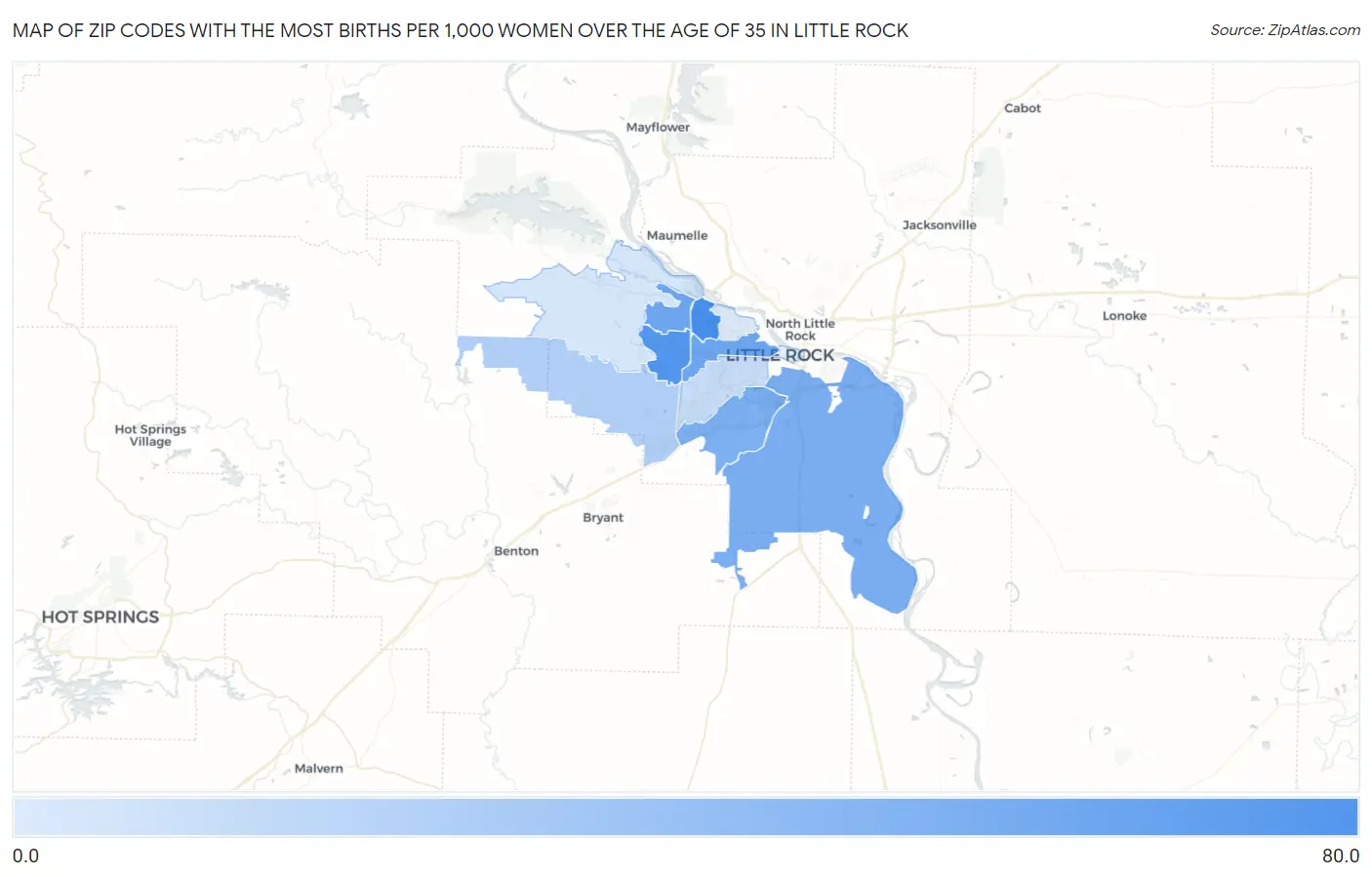 Zip Codes with the Most Births per 1,000 Women Over the Age of 35 in Little Rock Map