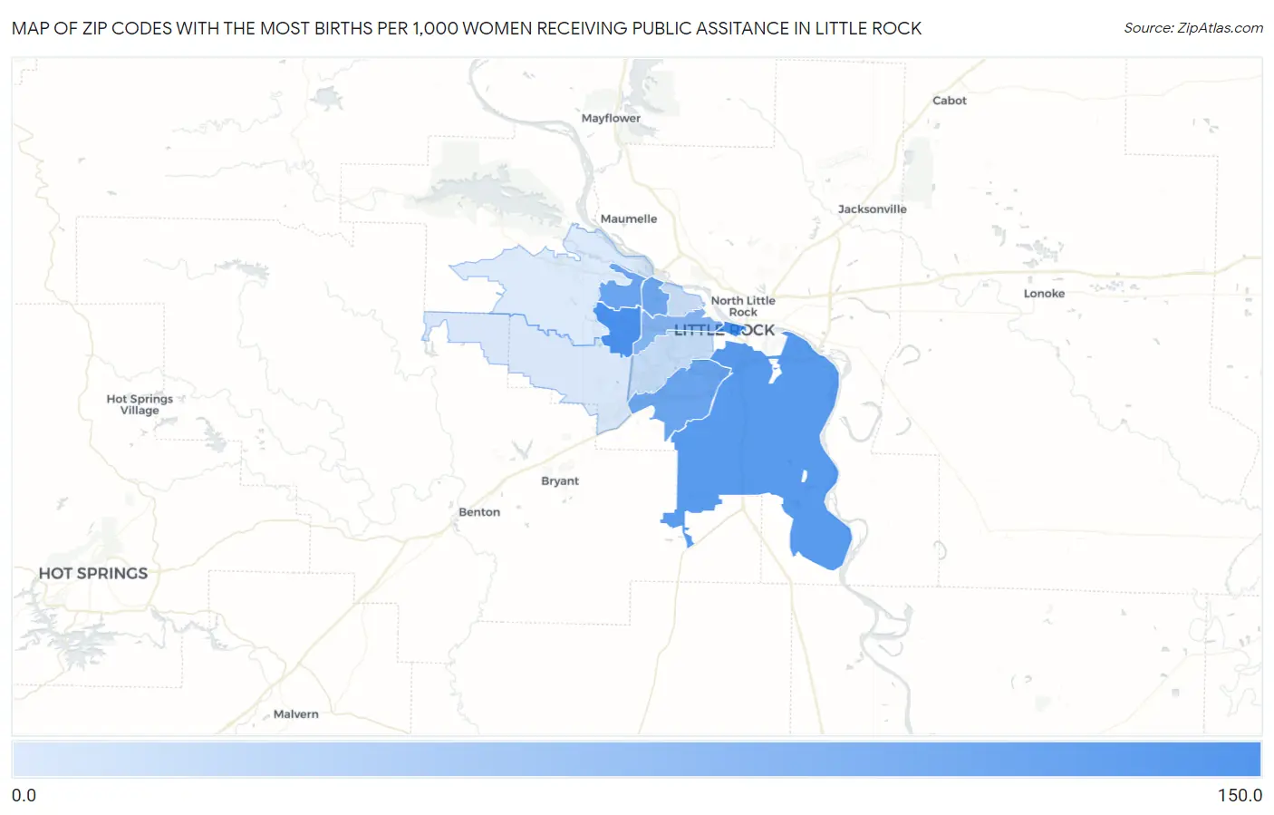 Zip Codes with the Most Births per 1,000 Women Receiving Public Assitance in Little Rock Map