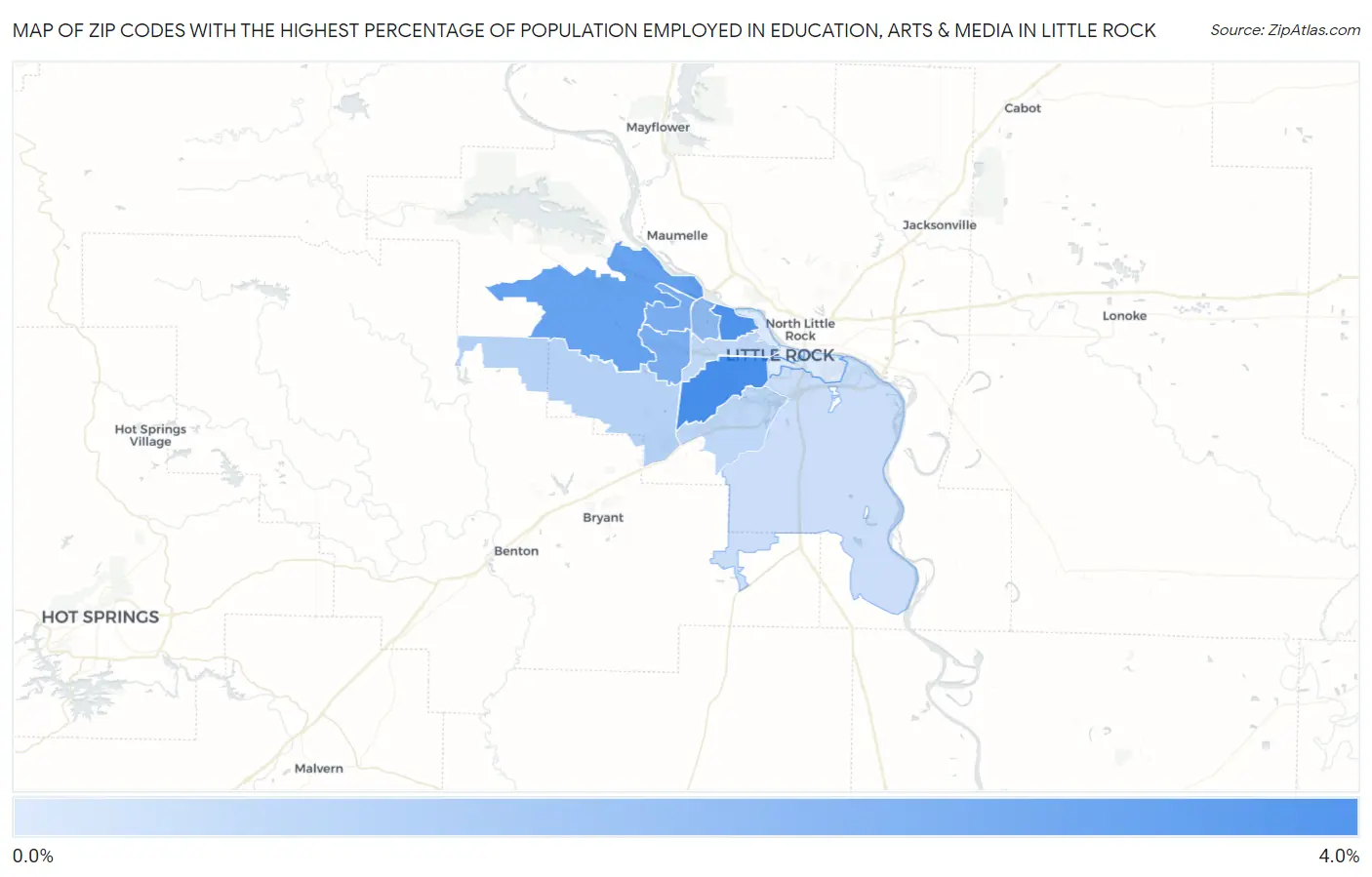 Zip Codes with the Highest Percentage of Population Employed in Education, Arts & Media in Little Rock Map