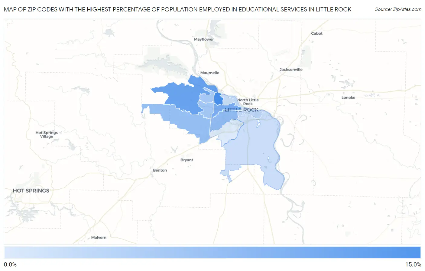 Zip Codes with the Highest Percentage of Population Employed in Educational Services in Little Rock Map