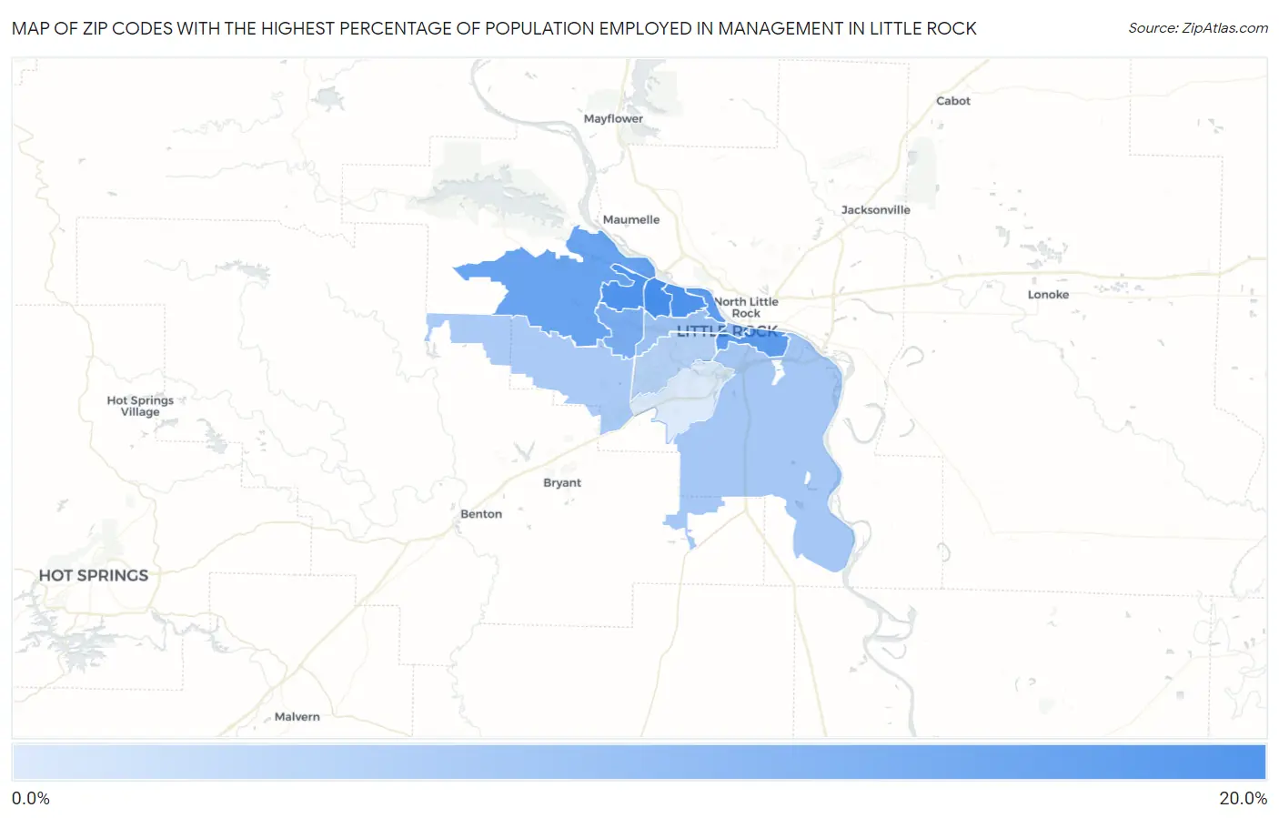 Zip Codes with the Highest Percentage of Population Employed in Management in Little Rock Map