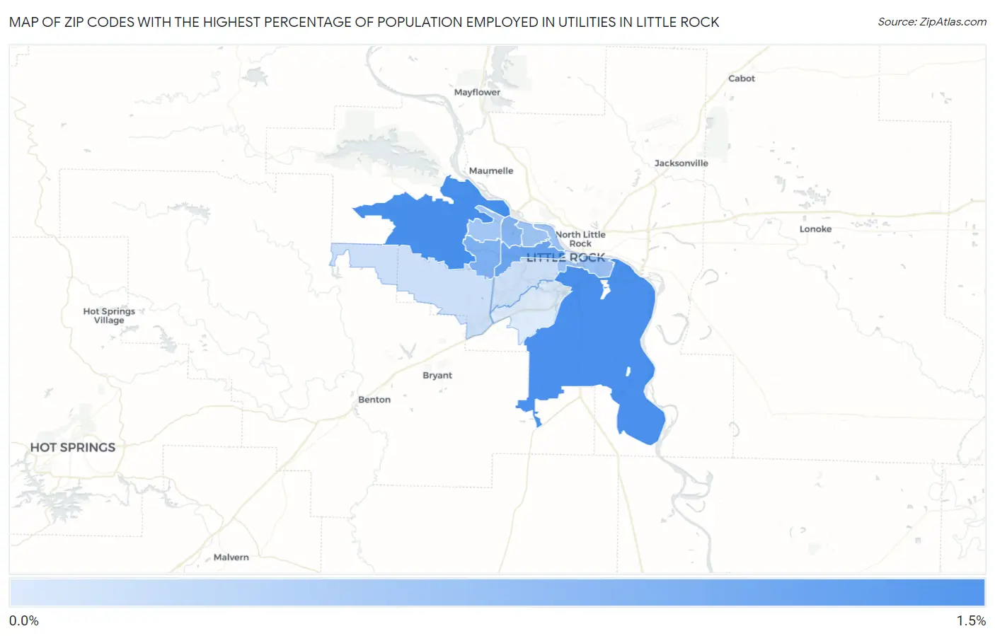Zip Codes with the Highest Percentage of Population Employed in Utilities in Little Rock Map