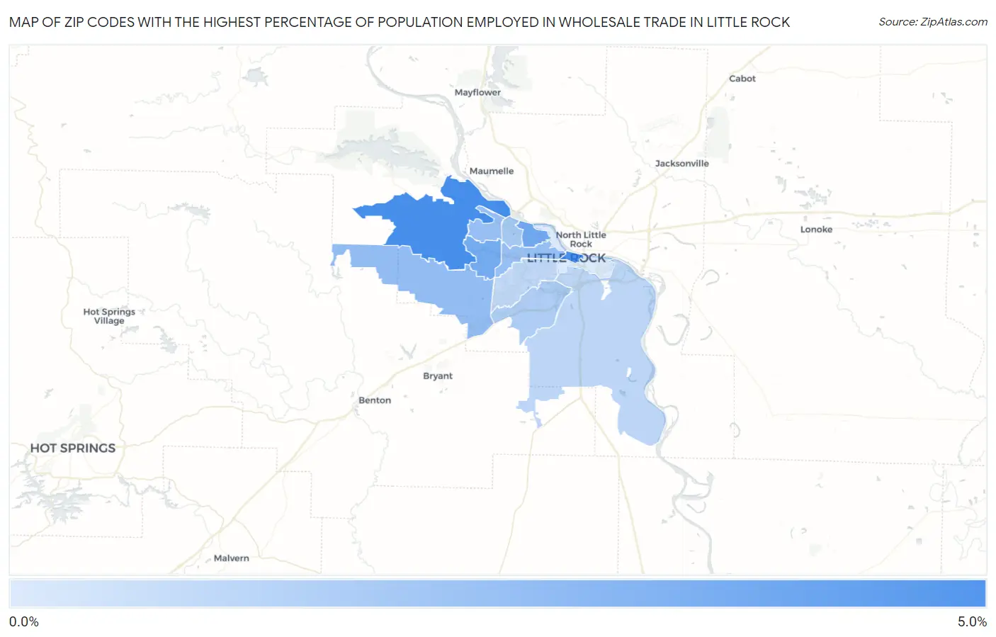 Zip Codes with the Highest Percentage of Population Employed in Wholesale Trade in Little Rock Map