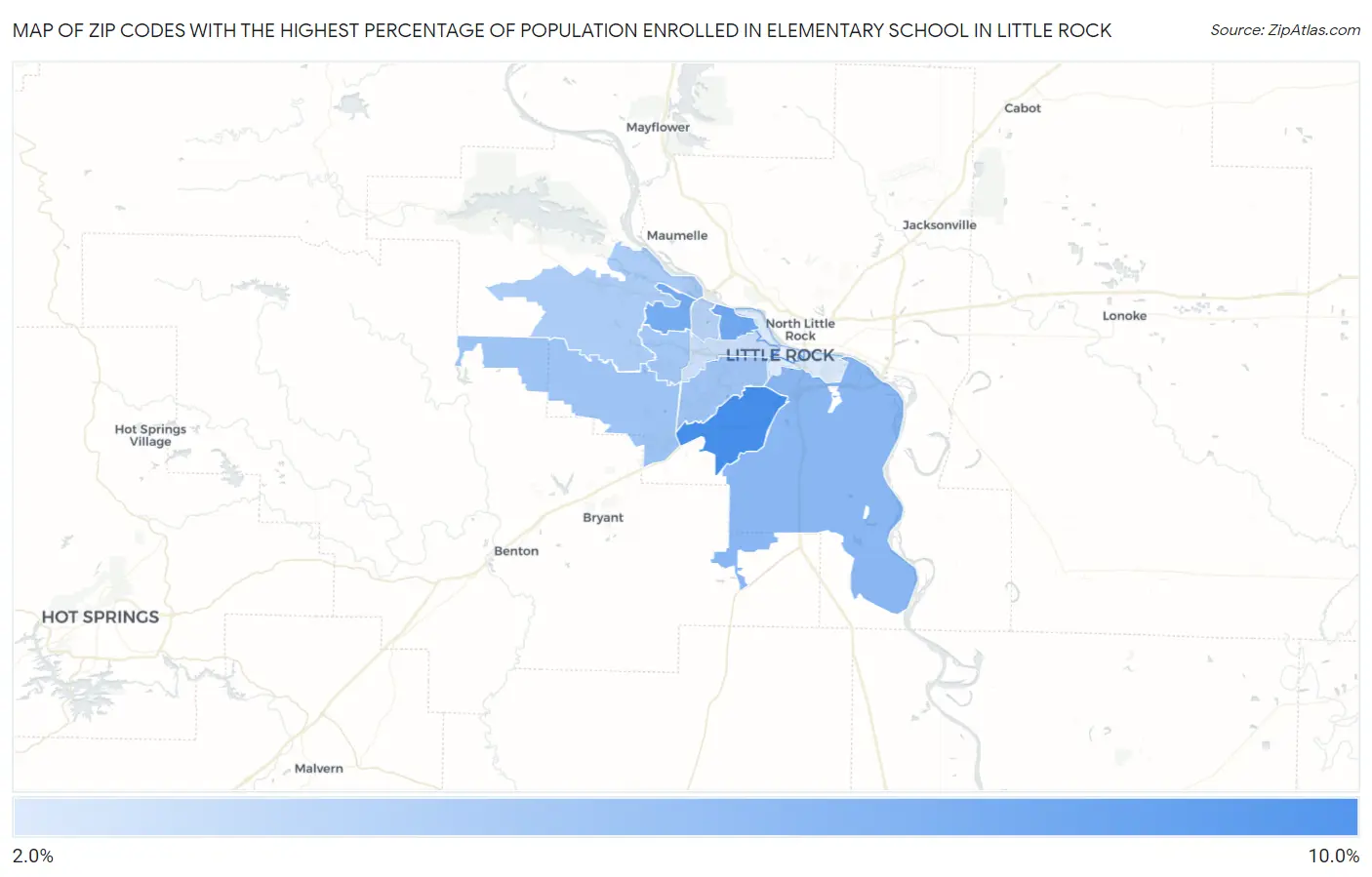Zip Codes with the Highest Percentage of Population Enrolled in Elementary School in Little Rock Map