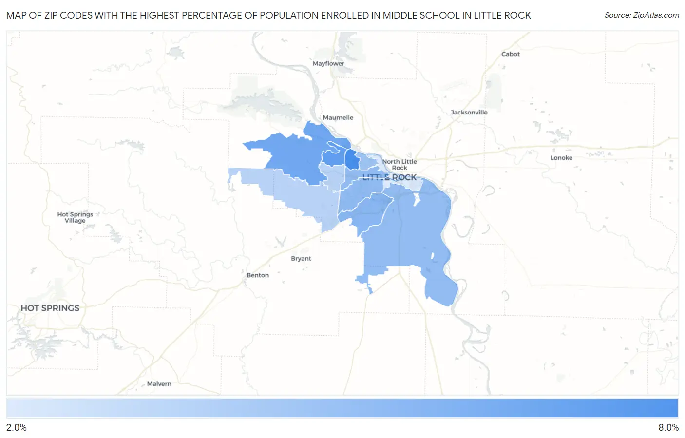Zip Codes with the Highest Percentage of Population Enrolled in Middle School in Little Rock Map