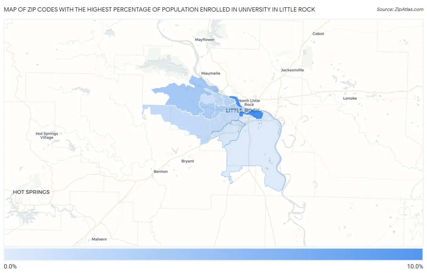 Zip Codes with the Highest Percentage of Population Enrolled in University in Little Rock Map
