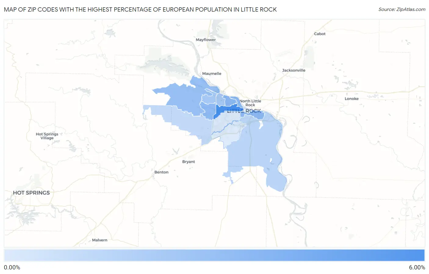 Zip Codes with the Highest Percentage of European Population in Little Rock Map