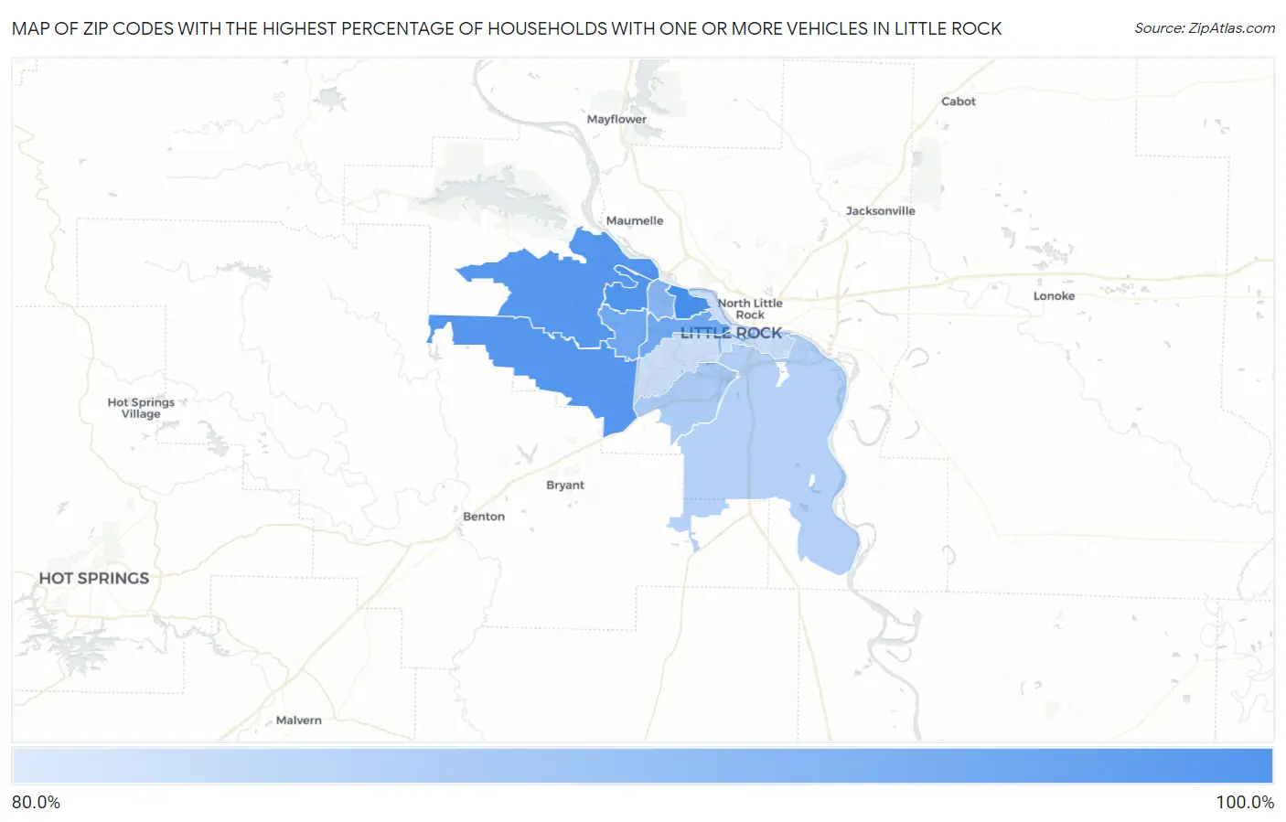 Zip Codes with the Highest Percentage of Households With One or more Vehicles in Little Rock Map