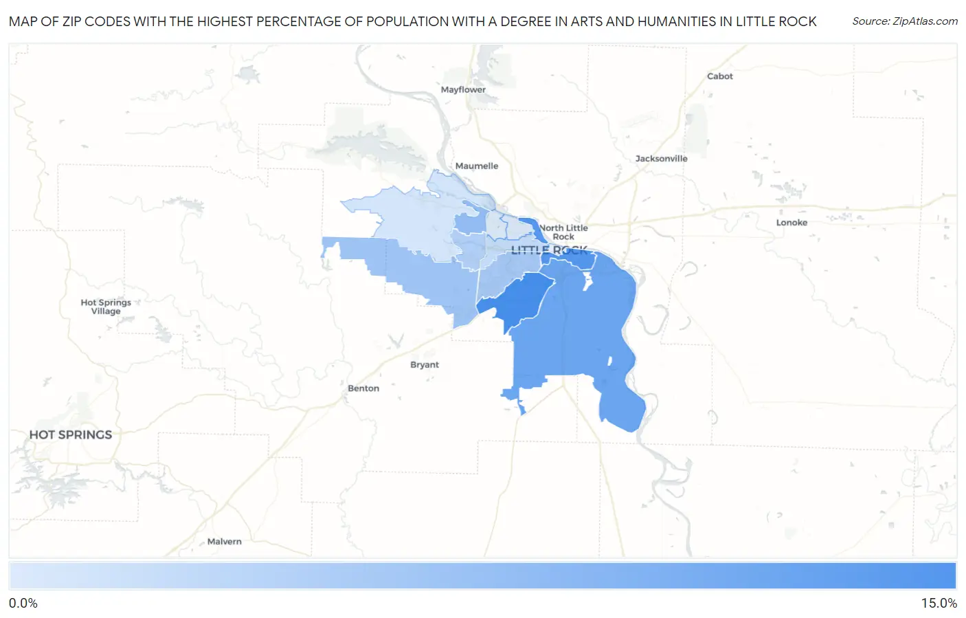 Zip Codes with the Highest Percentage of Population with a Degree in Arts and Humanities in Little Rock Map