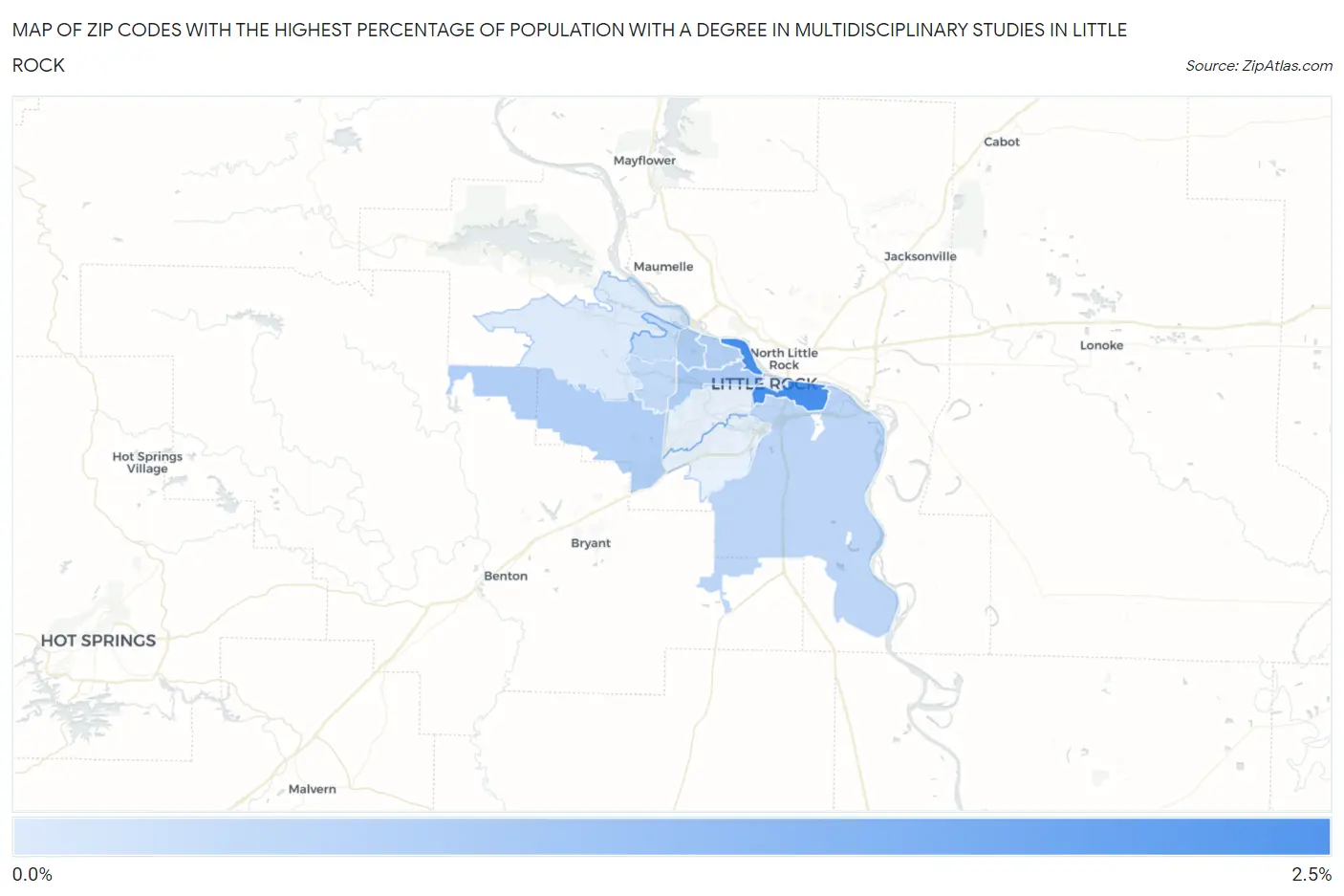 Zip Codes with the Highest Percentage of Population with a Degree in Multidisciplinary Studies in Little Rock Map