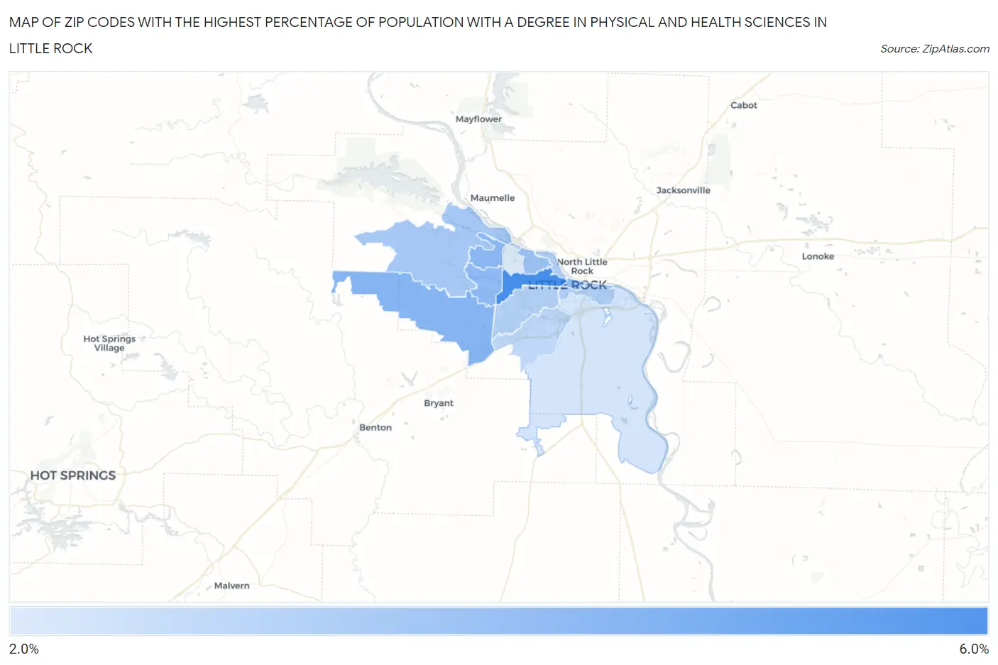 Zip Codes with the Highest Percentage of Population with a Degree in Physical and Health Sciences in Little Rock Map