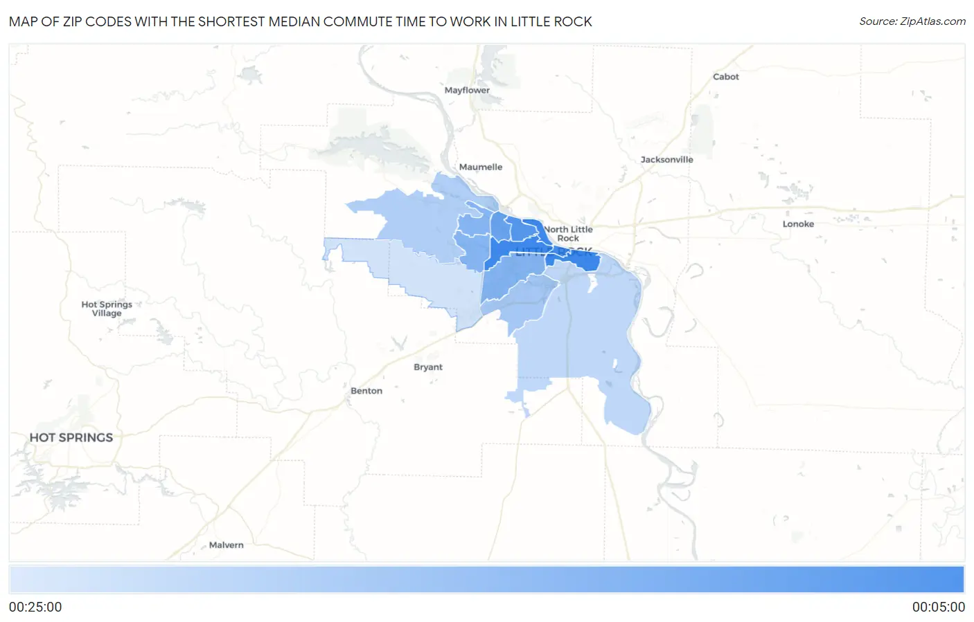 Zip Codes with the Shortest Median Commute Time to Work in Little Rock Map