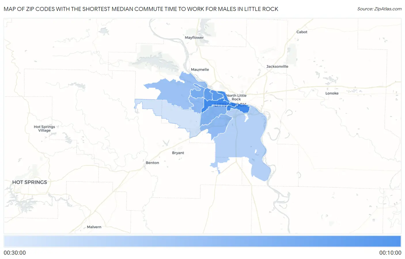Zip Codes with the Shortest Median Commute Time to Work for Males in Little Rock Map