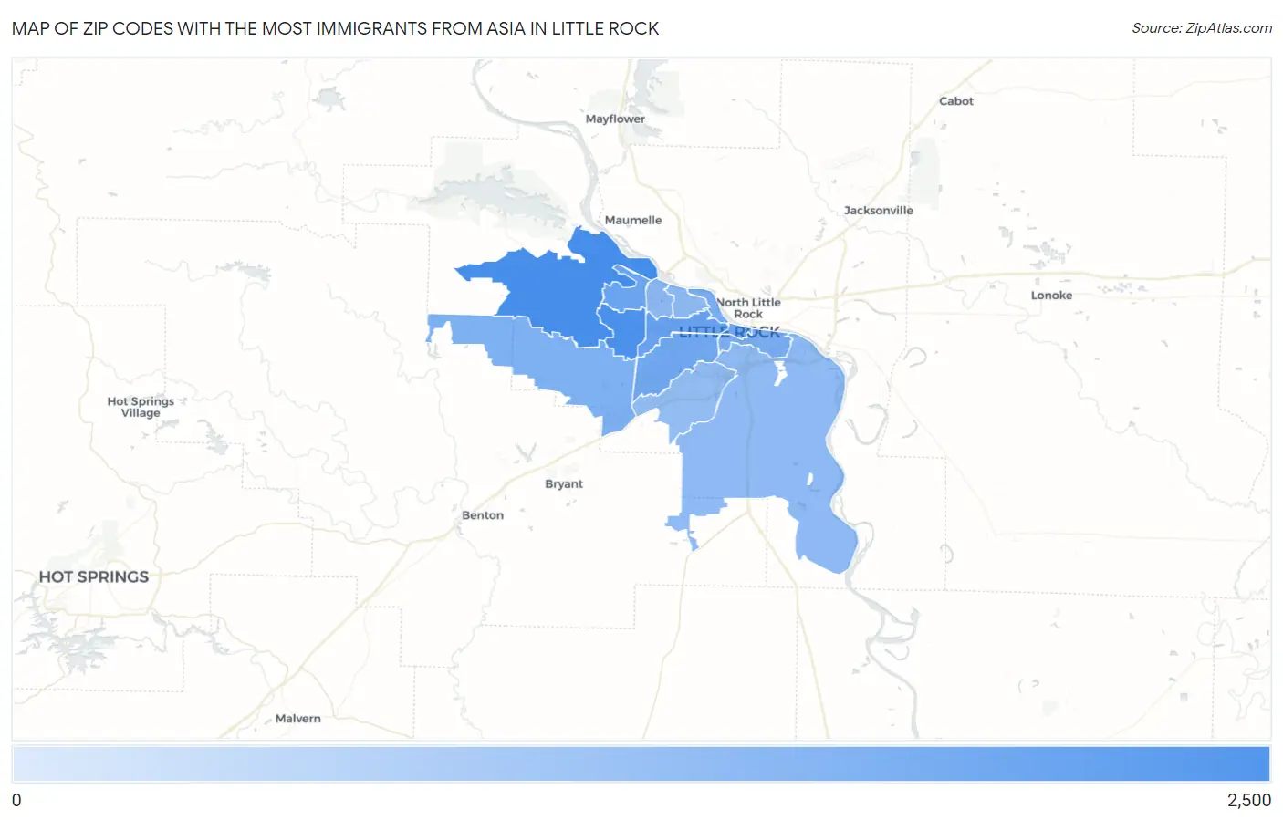 Zip Codes with the Most Immigrants from Asia in Little Rock Map