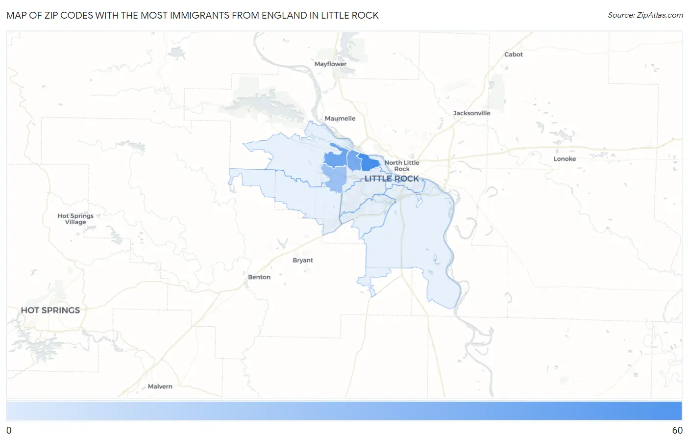Zip Codes with the Most Immigrants from England in Little Rock Map