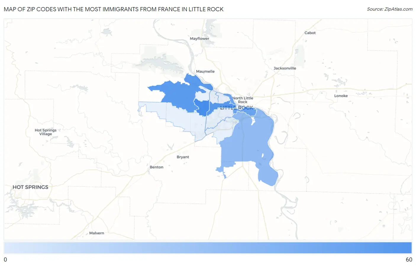 Zip Codes with the Most Immigrants from France in Little Rock Map