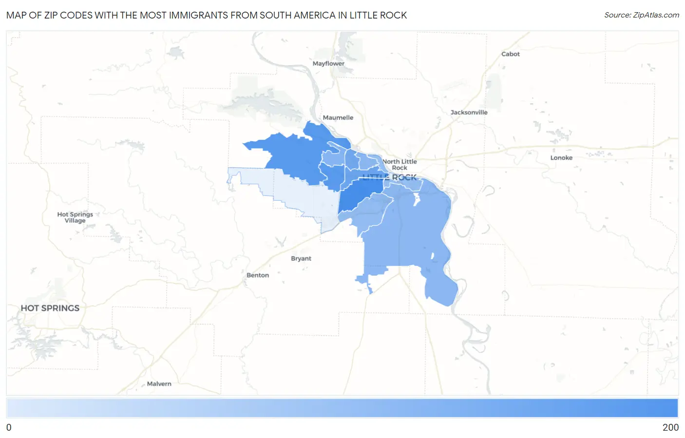 Zip Codes with the Most Immigrants from South America in Little Rock Map