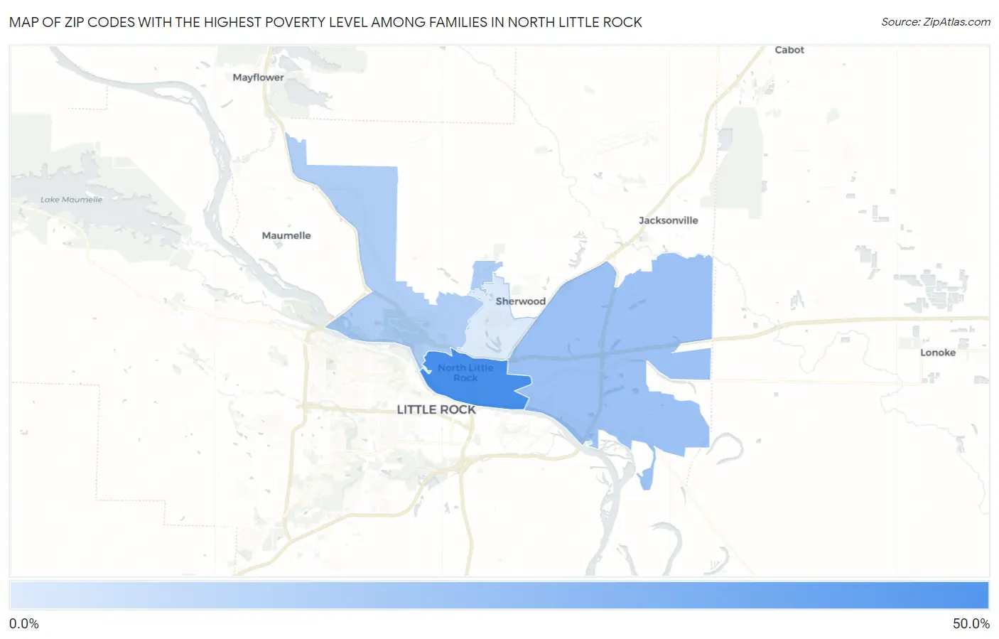 Zip Codes with the Highest Poverty Level Among Families in North Little Rock Map